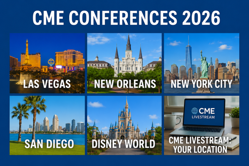 Graphic titled “CME Conferences 2026” on a blue background featuring six conference options arranged in a grid. Panels show Las Vegas at night with illuminated hotels and fountains, New Orleans with St. Louis Cathedral, New York City with the Statue of Liberty and skyline, San Diego waterfront with palm trees, Disney World with Cinderella Castle, and a “CME Livestream: Your Location” option showing a laptop on a desk. Bold white text labels each destination.