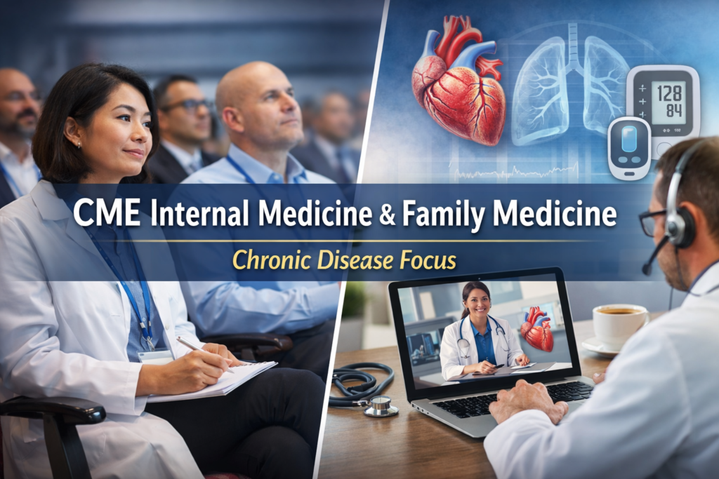 Physicians learning at a CME conference and online, highlighting chronic disease management for Internal Medicine and Family Medicine clinicians.