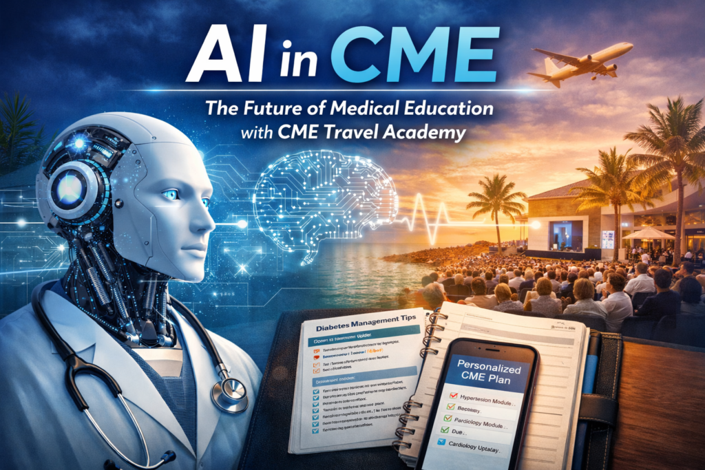 Illustration showing artificial intelligence integrated with continuing medical education, featuring a medical conference, clinical learning tools, and personalized CME supported by AI.