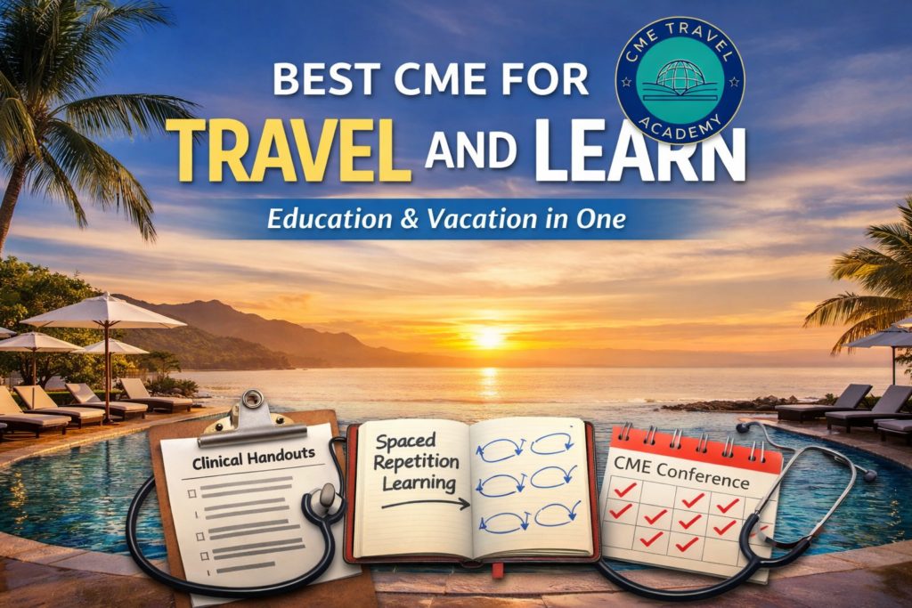 CME Travel Academy destination CME conference at a luxury resort featuring spaced repetition learning and one-page clinical handouts for Family and Internal Medicine physicians.