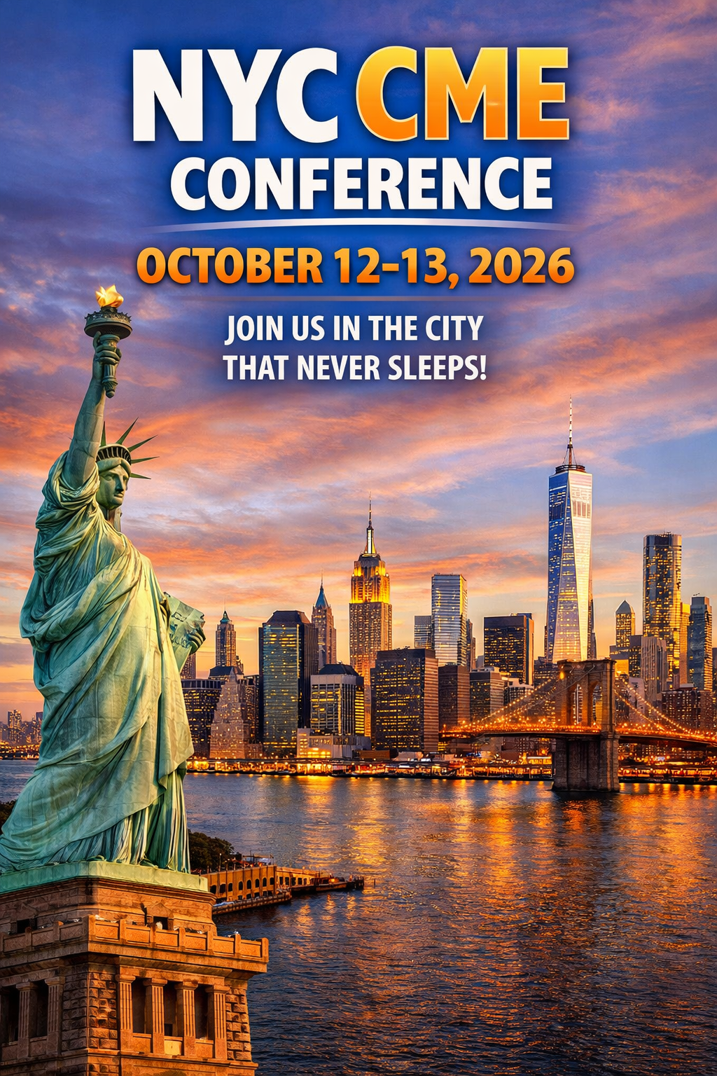New York City skyline at sunset with Statue of Liberty, Brooklyn Bridge, and One World Trade Center promoting NYC CME Conference October 12-13, 2026