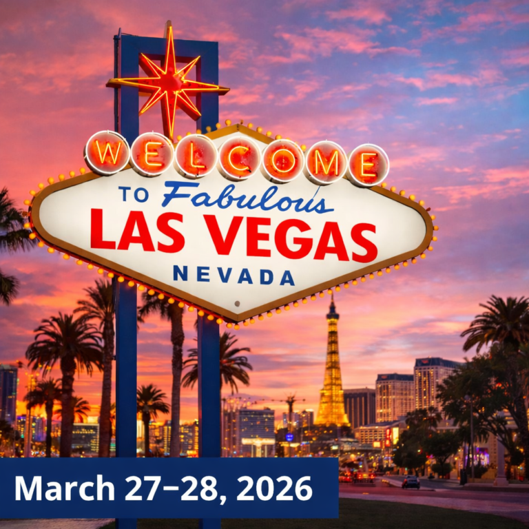 Las Vegas sign displaying CME conference dates: March 27-28, 2026