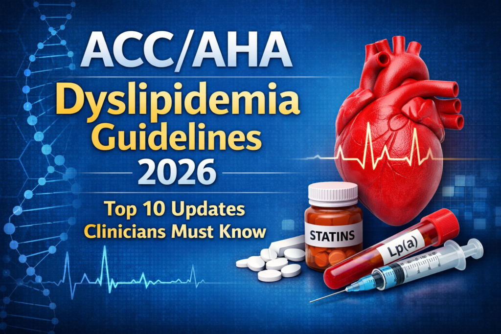 ACC/AHA dyslipidemia guidelines 2026 infographic showing statins, Lp(a) testing, and cardiovascular risk management