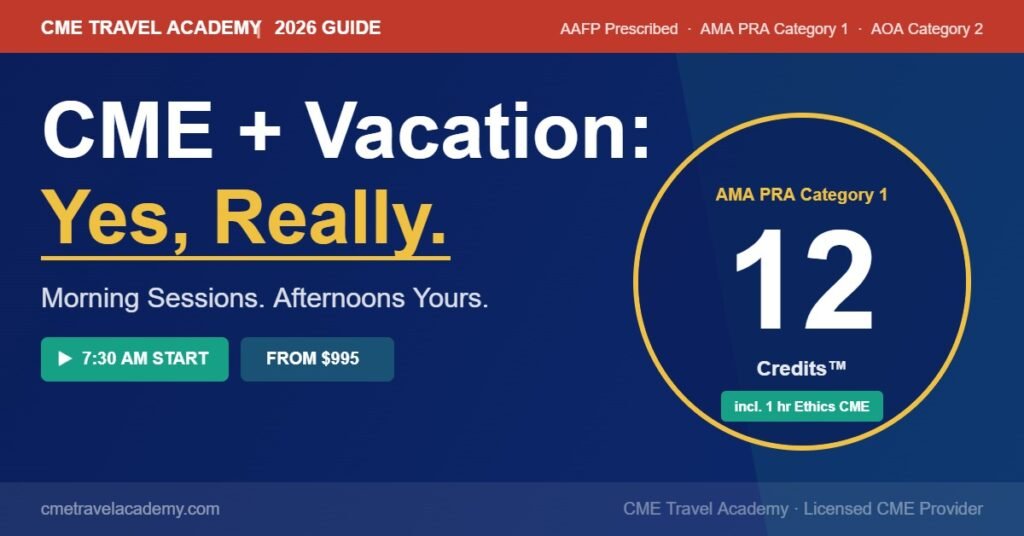CME and Vacation physician guide 2026 — 12 AMA PRA Category 1 Credits, morning sessions, afternoons free